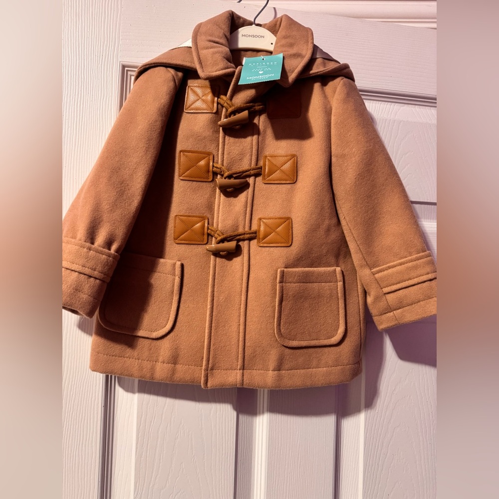 Tan Kids Pea Coat with Toggle Closures